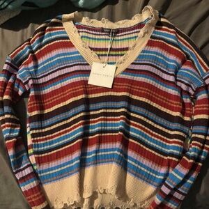 Honey Punch Multicolor Striped V-Neck Sweater